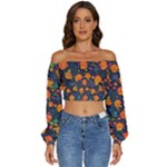 Mid Century Retro Floral 1970s 1960s Pattern 61 Long Sleeve Crinkled Weave Crop Top