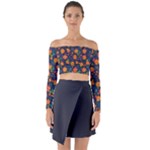 Mid Century Retro Floral 1970s 1960s Pattern 61 Long Sleeve Off Shoulder Crop Top