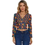 Mid Century Retro Floral 1970s 1960s Pattern 61 Long Sleeve V-Neck Top