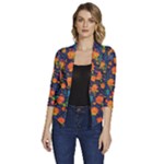 Mid Century Retro Floral 1970s 1960s Pattern 61 Women s Draped Front 3/4 Sleeve Shawl Collar Jacket