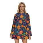 Mid Century Retro Floral 1970s 1960s Pattern 61 Round Neck Long Sleeve Bohemian Style Chiffon Mini Dress