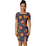 Mid Century Retro Floral 1970s 1960s Pattern 61 Fitted Knot Split End Bodycon Dress