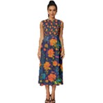 Mid Century Retro Floral 1970s 1960s Pattern 61 Sleeveless Round Neck Midi Dress