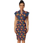 Mid Century Retro Floral 1970s 1960s Pattern 61 Vintage Frill Sleeve V-Neck Bodycon Dress