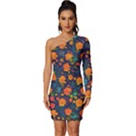Mid Century Retro Floral 1970s 1960s Pattern 61 Long Sleeve One Shoulder Mini Dress