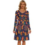 Mid Century Retro Floral 1970s 1960s Pattern 61 Long Sleeve Dress With Pocket