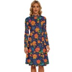 Mid Century Retro Floral 1970s 1960s Pattern 61 Long Sleeve Shirt Collar A-Line Dress