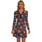 Mid Century Retro Floral 1970s 1960s Pattern 61 Long Sleeve Deep V Mini Dress 