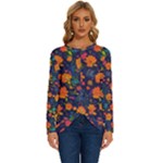 Mid Century Retro Floral 1970s 1960s Pattern 61 Long Sleeve Crew Neck Pullover Top