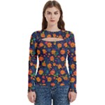 Mid Century Retro Floral 1970s 1960s Pattern 61 Women s Cut Out Long Sleeve T-Shirt