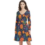 Mid Century Retro Floral 1970s 1960s Pattern 61 Long Sleeve V-neck skater dress with Pockets