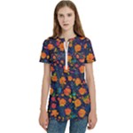 Mid Century Retro Floral 1970s 1960s Pattern 61 Women s Zip Front V-Neck Short Sleeve Casual Top Pocket Shirt