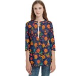 Mid Century Retro Floral 1970s 1960s Pattern 61 Women s Zip Front V-Neck 3/4 Sleeve Casual Top Pocket Shirt
