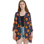 Mid Century Retro Floral 1970s 1960s Pattern 61 Open Front 3/4 Sleeve Batwing Chiffon Cardigan Kimono