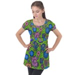 Mid Century Retro Floral 1970s 1960s Pattern 59 Puff Sleeve Tunic Top