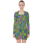 Mid Century Retro Floral 1970s 1960s Pattern 59 V-neck Bodycon Long Sleeve Dress