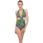Mid Century Retro Floral 1970s 1960s Pattern 59 Halter Front Plunge Swimsuit