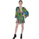 Mid Century Retro Floral 1970s 1960s Pattern 59 V-Neck Flare Sleeve Mini Dress