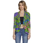Mid Century Retro Floral 1970s 1960s Pattern 59 Women s 3/4 Sleeve Ruffle Edge Open Front Jacket