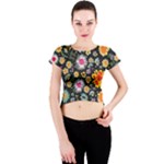 Mid Century Retro Floral 1970s 1960s Pattern 57 Crew Neck Crop Top