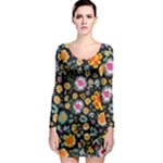 Mid Century Retro Floral 1970s 1960s Pattern 57 Long Sleeve Bodycon Dress