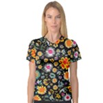Mid Century Retro Floral 1970s 1960s Pattern 57 V-Neck Sport Mesh T-Shirt