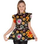 Mid Century Retro Floral 1970s 1960s Pattern 57 Ruffle Collar Short Sleeve Chiffon Top