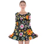 Mid Century Retro Floral 1970s 1960s Pattern 57 Long Sleeve Skater Dress