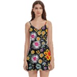 Mid Century Retro Floral 1970s 1960s Pattern 57 Body Wrap Sleeveless V-Neck Mini Dress