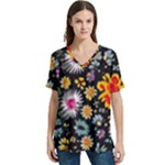 Mid Century Retro Floral 1970s 1960s Pattern 57 V-Neck Split Shoulder Casual T-Shirt