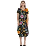 Mid Century Retro Floral 1970s 1960s Pattern 57 T-Shirt Midi Dress With Pockets