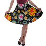 Mid Century Retro Floral 1970s 1960s Pattern 57 A-line Skater Skirt