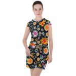 Mid Century Retro Floral 1970s 1960s Pattern 57 Drawstring Hooded Dress