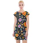 Mid Century Retro Floral 1970s 1960s Pattern 57 Cap Sleeve Bodycon Dress