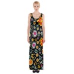 Mid Century Retro Floral 1970s 1960s Pattern 57 Thigh Split Maxi Dress