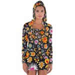 Mid Century Retro Floral 1970s 1960s Pattern 57 Long Sleeve Hooded T-shirt