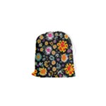 Mid Century Retro Floral 1970s 1960s Pattern 57 Drawstring Pouch (XS)
