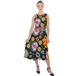 Mid Century Retro Floral 1970s 1960s Pattern 57 Midi Tie-Back Chiffon Dress