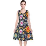 Mid Century Retro Floral 1970s 1960s Pattern 57 V-Neck Midi Sleeveless Dress 