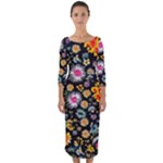 Mid Century Retro Floral 1970s 1960s Pattern 57 Quarter Sleeve Midi Bodycon Dress