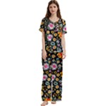 Mid Century Retro Floral 1970s 1960s Pattern 57 Short Sleeve Satin Pajamas Set With Pockets