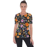 Mid Century Retro Floral 1970s 1960s Pattern 57 Shoulder Cut Out Short Sleeve Top