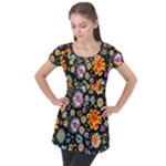 Mid Century Retro Floral 1970s 1960s Pattern 57 Puff Sleeve Tunic Top