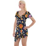 Mid Century Retro Floral 1970s 1960s Pattern 57 Short Sleeve Asymmetric Mini Dress