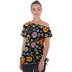 Mid Century Retro Floral 1970s 1960s Pattern 57 Off Shoulder Tie-Up T-Shirt