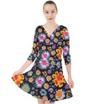 Mid Century Retro Floral 1970s 1960s Pattern 57 Quarter Sleeve Front Wrap Dress