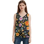 Mid Century Retro Floral 1970s 1960s Pattern 57 Women s V-Neck Sleeveless Satin Top