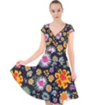 Mid Century Retro Floral 1970s 1960s Pattern 57 Cap Sleeve Front Wrap Midi Dress
