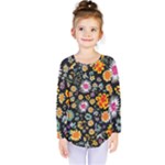 Mid Century Retro Floral 1970s 1960s Pattern 57 Kids  Long Sleeve T-Shirt