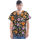Mid Century Retro Floral 1970s 1960s Pattern 57 Men s V-Neck Scrub Top